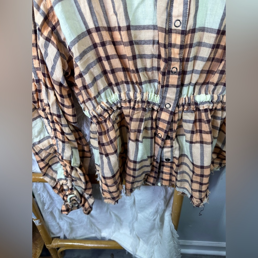 Free People Plaid Button Down Shirt in Brown and Cream sz S - Picture 5 of 8
